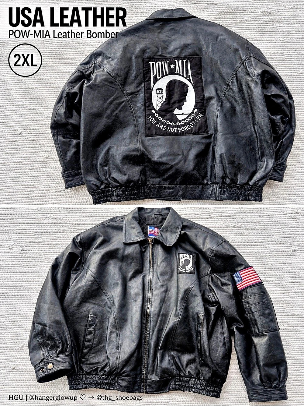 USA Leather POW MIA Black Leather Bomber Jacket Flag Patch Men’s 2XL